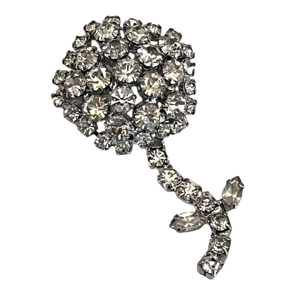 Vintage 1960s Rhinestone Flower Brooch Crystal Silver Tone Mid-Century - 5P